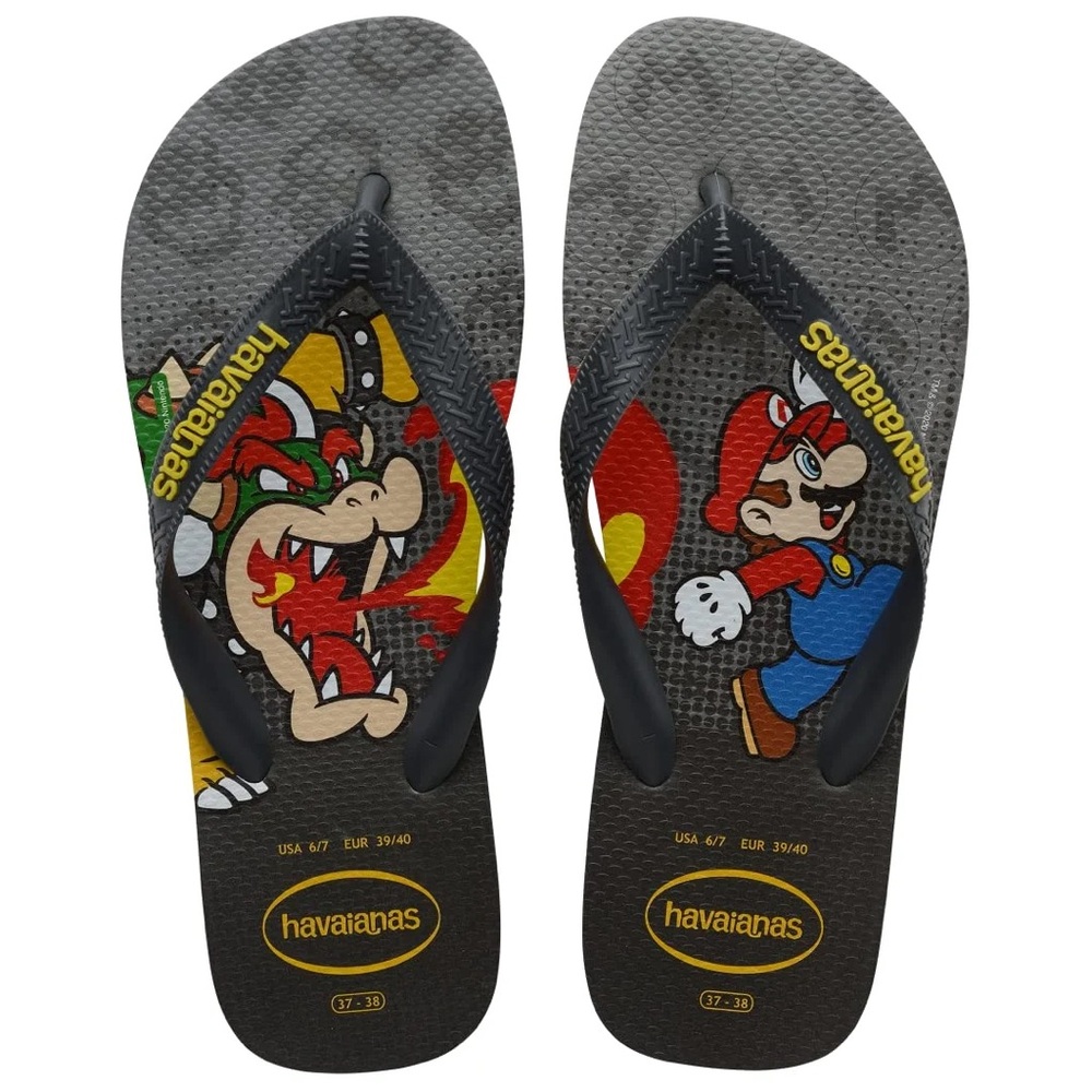 Havaianas Kids' Mario Bros Flip Flops Mario & Bowser Print Grey Sandals Size 2Y